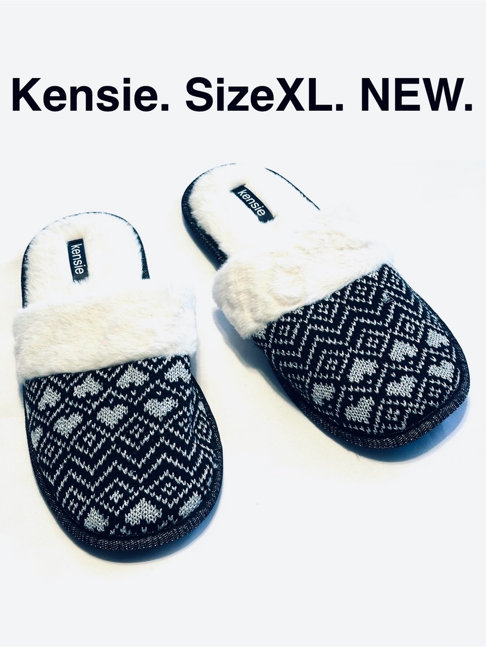 5/$15💥 Kensie Black White Silver Knit Faux-Fur Slide Slippers Home Lounge Shoes